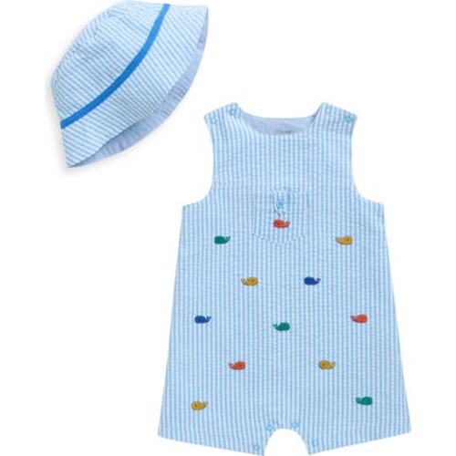 Whales Cotton Seersucker Romper & Bucket Hat Set, 3M