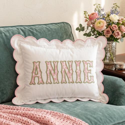 Embroidered Custom Name Pillowcase, Personalized Monogram Scallop Edge Cushion Cover, Pink Floral Toile Decor Gift for Bedroom Nursery