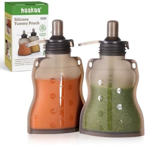 haakaa Yummy Pouch Reusable Baby Food Pouch, Baby Food Storage Toddler Kids Squeezable Pouch, Washable Freezer - Make Homemade Organic Food for Babies/Toddlers, 4oz, 2 Pack