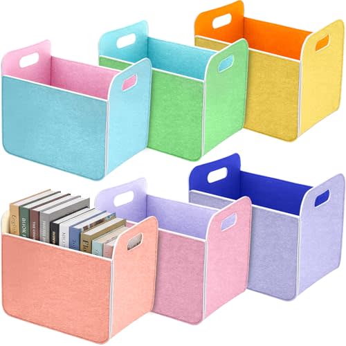 6 Pcs 14x10 In Colorful Felt Storage Basket Collapsible Fabric Rectangular Storage Bin with Handle for Organizing Clothes Book Shelves Closet Bedroom Office Stuff Back to School(Macaron)
