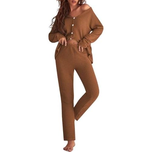 Ekouaer Womens Waffle Knit Pajamas Loungewear Two-piece Sleepwear Button-Down Pj Set with Pockets