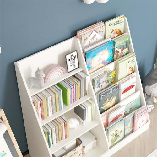 2024 New 4 Tier Kids Wooden Bookshelf, 6 Layer Sling Bookcase, Baby Storage Book Rack, Book Display Shelf, Book Toy Organizer Cabinet for Nursery, Playroom, Home