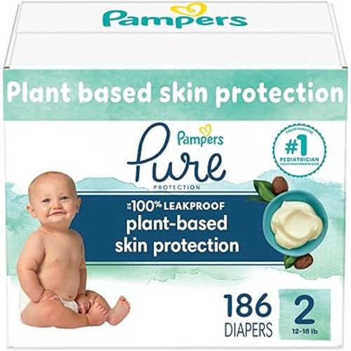 Pampers Pure Protection Diapers - Size 2, One Month Supply (186 Count), Hypoallergenic Premium Disposable Baby Diapers