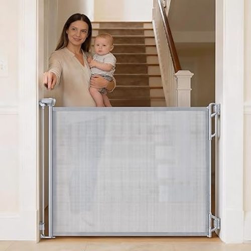 Retractable Baby Gate for Stairs & Doorways - 55" Wide Portable Safety Gate | Fits Baseboards, Easy to Use Indoor/Outdoor | Mesh Gate for Dogs, Puppies, Gray