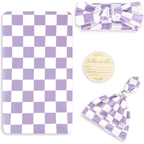 TANOFAR 4-Pack Newborn Swaddle Blanket for Baby Girls & Boys, Ultra Soft Receiving Blankets with Matching Headband and Beanie Set Baby Nursery Swaddle Wrap (Purple Checkerboard)