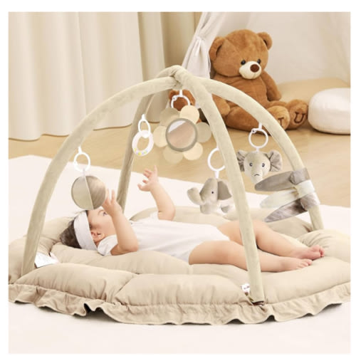 ANGELBLISS 5 in 1 Baby Play Gym Mat, Reversible Tummy Time Mat with 5 Sensory Toys for Stage-Based Developmental, Thick & Large Baby Activity Center from Newborn to Toddler (Khaki)
