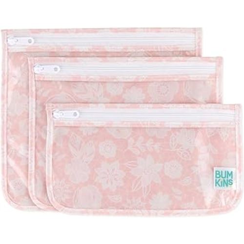 Bumkins Travel Bag, Toiletry, TSA Approved Pouch, Zip Bag, Quart Size Airline Compliant, Clear-Sided, Baby, Diaper Bag Organization, Makeup, Accessories, Packing, Set of 3 Sizes, Floral Gray