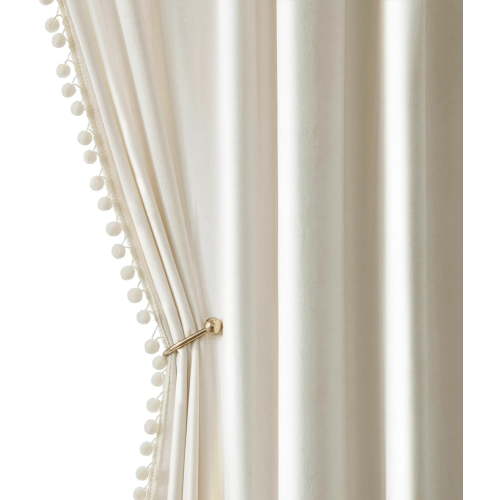 Ivory Pom Pom Velvet Curtains for Bedroom/Living Room Darkening Thermal Insulating 63 Inches Long Creamy White Blackout Curtains with Rod Pocket for Girls Room/Nursery/Home Theater Set of 2