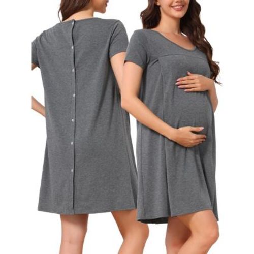 INSPIRE CHIC Women's Maternity Short Sleeve Nursing Sleep Dress Postpartum Breastfeeding Nightgown with Back Button Medium Grey