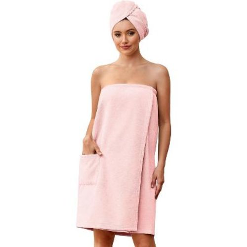 Ekouaer Towel Wrap for Women with Hair Towel Lightweight Knee Length Spa Body Bath Adjustable Closure Bathrobe with Pocket Blush L