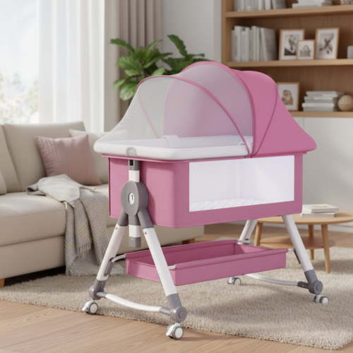 YYuan Foldable Baby Bassinet with Diaper Table and wheels, Adjustable Height, for 0-24 Months, Pink