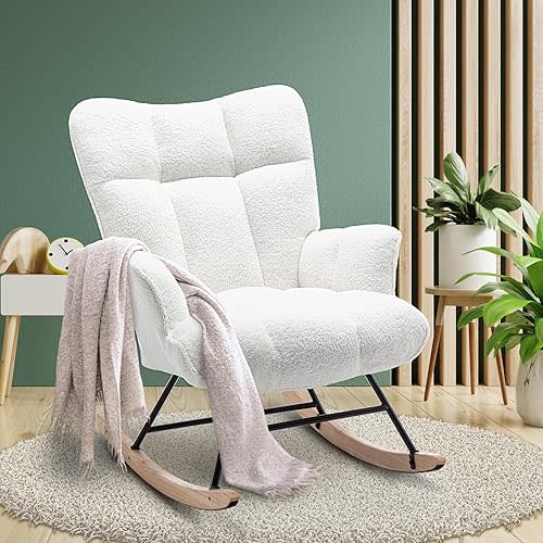 Nursery Rocking Chair Teddy, Upholstered Glider Rocker with High Backrest, Comfortable Stylish Accent Armchair with Padded Seat for Living Rooms, Bedrooms, Offices, White