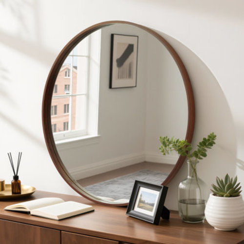 Winston Porter Wood Round Wall Mirror for Bathroom Bedroom Vanity Home Decoration & Reviews | Wayfair