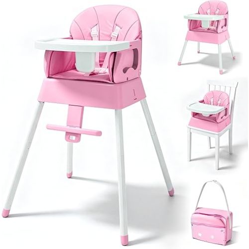 5 in 1 Foldable Baby High Chair,Convertible Highchair for Babies and Toddlers-Portable Infant Booster Seat,Foldable Dining Chair,Toddler High Chair with 5-Point Harness,Removable Tray (Pink)