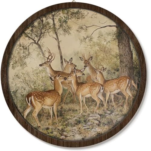 VONTP Vintage Rustic Forest Deer Wall Art Decor, Antique Forest Animal Landscape Wooden Wall Hanging Decor for Farmhouse Home Bedroom Living Room Cabin, 9.8x9.8 Inch