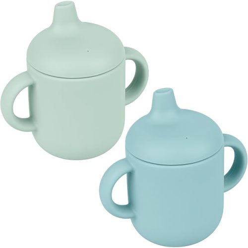 Silicone Baby Drinking Cups, Sippy Cups for 6-12 Months Toddlers - Pack of 2 Food Grade Silicone Traning Cups with Straws and Lids Grip Handle for Baby Led Weaning, 6 oz (Blush/Ether)