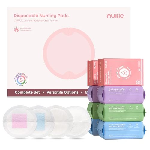 Nuliie 100 PCS Disposable Nursing Pads, Ideal for First-Time Buyers to Find Perfect Match, 4 Materials Trial (Viscose from Bamboo, Classic, Blue Core, Pink Care), Breastfeeding Essentials for New Moms