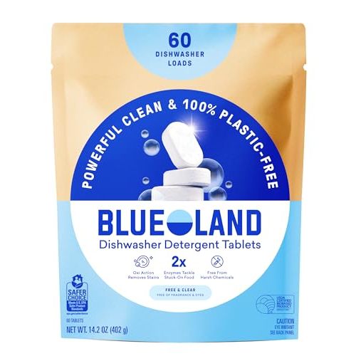 BLUELAND 100% Plastic-Free Dishwasher Detergent Tablets, 60 Count, Free & Clear, Eco-Friendly Dishwashing Pods, Natural, USDA Certified biobased