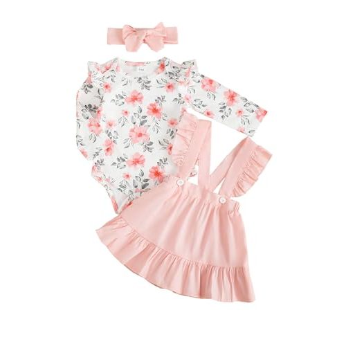 Kucnuzki Newborn Baby Girl Clothes Toddler Long Sleeve Ruffle Romper Top Infant Skirt Set Little Girl Overall Dress