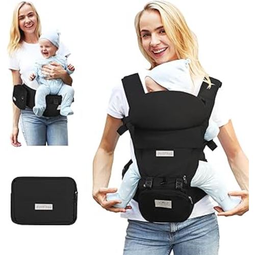 FRUITEAM Baby Carrier Newborn to Toddler, Safety-Certified Waist Stool with Hip Seat, Ergonomic 6-in-1 Baby Carrier with Head Support, Adjustable & Removable Baby Holder for All Seasons, Black