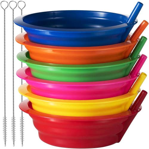 Cereal Bowls with Straws for Kids - (Set of 6) 20-Ounce - BPA-Free Plastic Reusable Built-In Straw Bowls for Kids, Children & Toddlers, Dishwasher and Microwave Safe, Includes 3 Cleaning Brushes