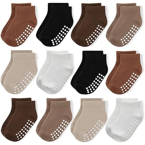 JAKIDAR 12 Pair Baby Toddler Socks Non-Slip Grip Cotton Ankle Socks for Boys Girls Non Skid Soles for Infants Kids