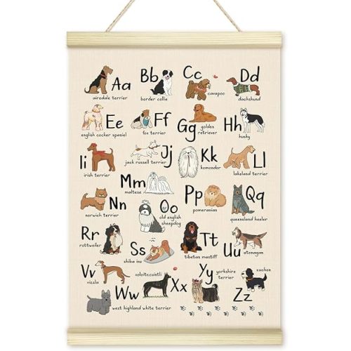 Animal Alphabet Poster Hanger Frame, ABC Educational Wooden Canvas Art Print, Positive Dog Wall Art for Boys Room Homeschool Preschool Classroom Nursery Playroom Home Decor 12x16in -33