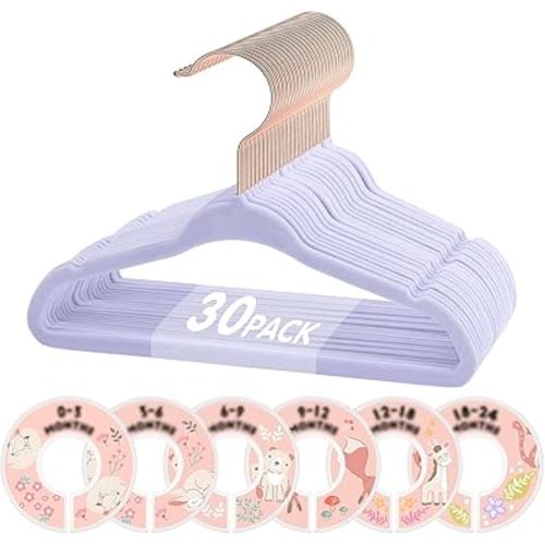 VIS'V Baby Hangers, 11 Inch Velvet Kids Hangers with 6 Pcs Clothes Size Dividers, Infant Toddler Nursery Closet Organization, Non Slip, Lavender, 30 Pcs