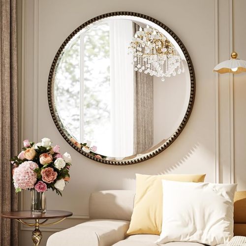 24 Inch Round Bathroom Mirror Gold - Luxurious Retro Beaded Circle Decorative Wall Mirror with PU Frame Hanging Leaning as Art Decor for Entryway, Bedroom, Living Room, Hallway, Gold
