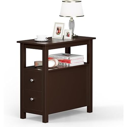 ZENY Narrow End Table Side Table with Drawer and Open Shelf Sofa Table for Living Room Bedroom, Small Table for Bedside, Espresso