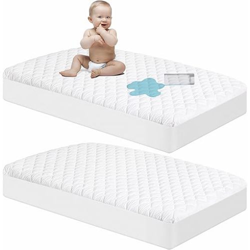 NTBAY 2 Pack Waterproof Mini Crib Mattress Protector, Quilted 24"x38" Fitted Mattress Cover - Machine Washable - Soft and Breathable Baby Mattress Pad Sheet for Mini Crib and Baby Playards, White