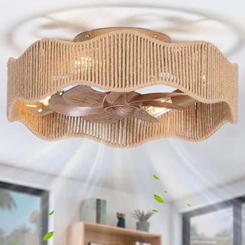 SHLUCE 18" Boho Fandelier Ceiling Fan with Light Flush Mount, Caged Low Profile Ceiling Fan with Light, Small Rattan Bladeless Ceiling Fans with Lights and Remote Control for Bedroom, Nursery - ETL