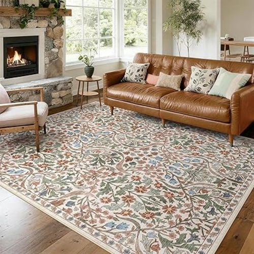 8x10 Washable Area Rug Cream Boho Floral for Living Room Bedroom Nursery