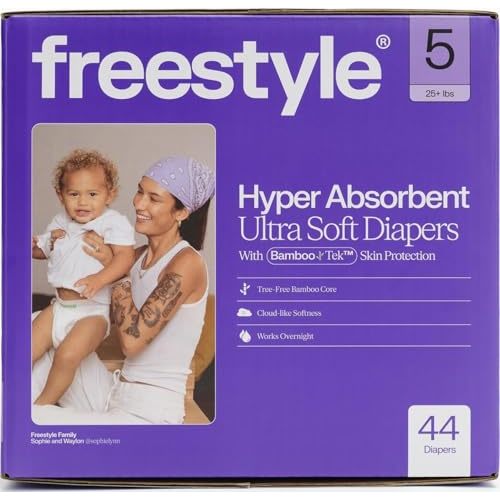 Freestyle BambooTek Diaper – (Size 5) Hyper Absorbent & Non-Toxic – Disposable Diaper for Sensitive Skin – Ultra Soft Diaper's (25+ lbs) – 44 Count