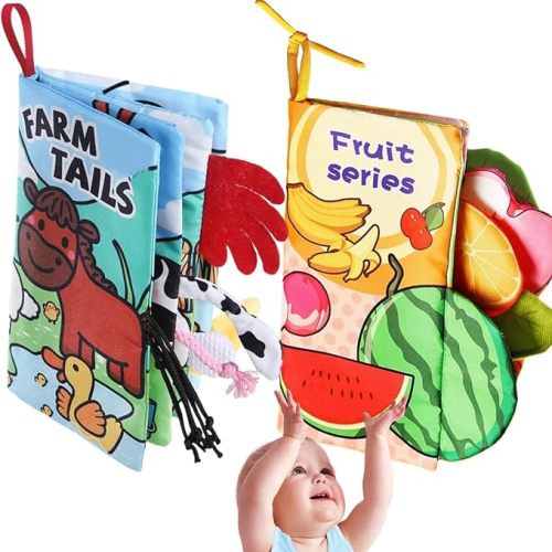 Baby Books 0-6 to 12 Months Infant Cloth Stroller Toy, Tummy Time Toys for Infants 0-3-4-6-9-12-18 Month, Newborn Girl Boys Shower Gifts Crinkle Touch Feel Soft Sensory Book for Babies 2PCS