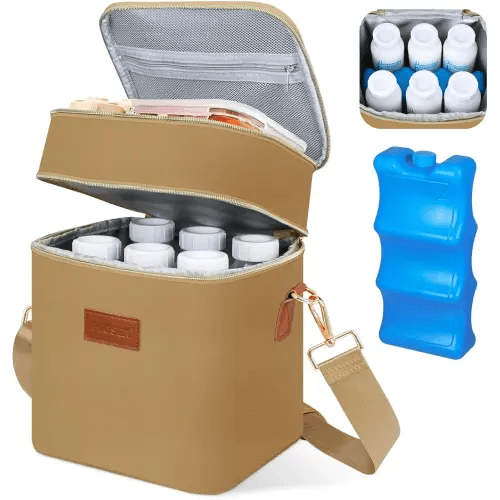 PIIOSER Breastmilk Cooler Travel Bag with Ice Pack, Insulated Bottle Bags Fits 6 Baby Bottles Up to 9 Ounce, Double Layer Waterproof Leak-Proof with Shoulder Strap for Nursing & Working Mom (Brown)