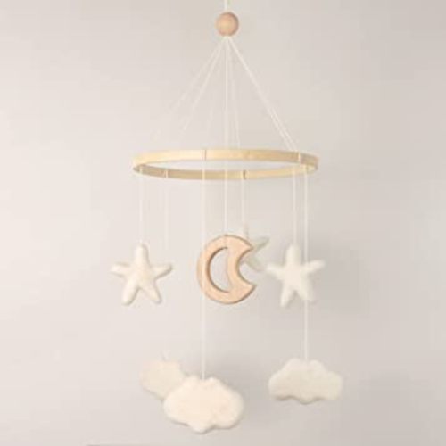 Mobile for Crib - Baby Mobile for Crib - Baby Crib Mobile - Crib Mobile for Girls, Boys - Baby Mobile for Bassinet - Gender Neutral Color Theme - Felt Cloud, Felt Star, Wood Moon