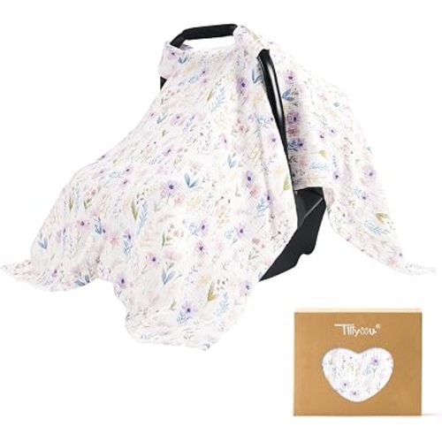 TILLYOU Baby Car Seat Cover, Breathable Muslin Cotton Infant Car Seat Cover, Lightweight Canopy with Sun and Bug Protection(Lilac Bloom)