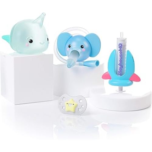 Playhouse MD Essentials Healthcare Kit – Blue Rocket Liquid Medication Syringe Dispenser, Nasal Aspirator and Bulb Syringe Nose Cleaners | Toddler and Newborn Essentials, 0M+