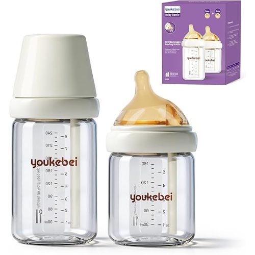 Natural Nursing Glass Baby Bottle - with Anti-Colic Vent System - BPA-Free, 5 oz and 8 oz with Slow Flow(S) & Medium Flow (M) Nipple, 3 Months+, 2 Pack