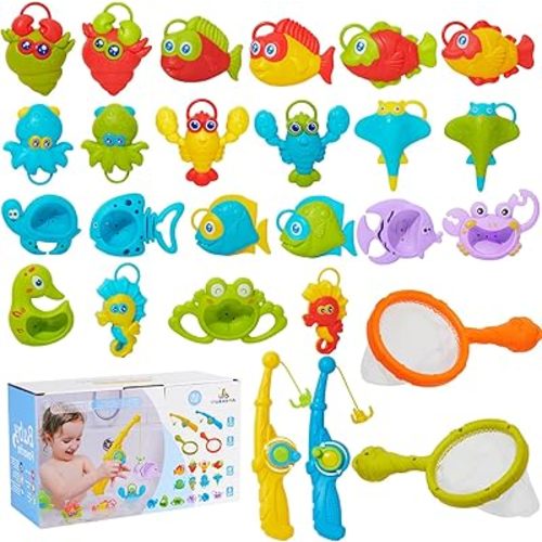 Toddler Bath Toys for Kids Ages 1-3, Mold Free Bathtub Pool Water Table Toys with Pole Rod Net & Plastic Floating Fishes, Outdoor Water Toys for Kids Toddlers Birthday Gifts Aged 2-4 3-5 4-8​