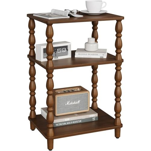 Yoobure Small Side Table - Vintage End Tables Living Room with Spindle Legs, Accent Night Stand with 3-Tier Storage Shelf, Wood Nightstand for Bedroom, Bedside Table for Narrow Spaces, Walnut