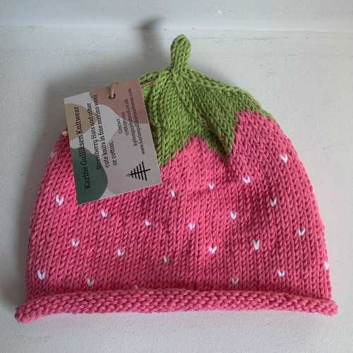 Hand Knitted Cotton Strawberry Hat: Candy Pink & Pistachio