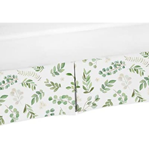 Sweet Jojo Designs Floral Leaf Girl Baby Nursery Crib Bed Skirt Dust Ruffle - Green and White Boho Watercolor Botanical Woodland Tropical Garden