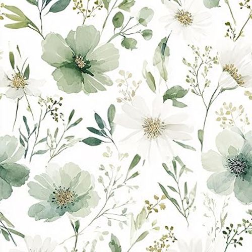 Sage Green Floral Peel and Stick Wallpaper Self Adhesive Removable Modern for Bedroom Accent Wall Renter Friendly Thick Watercolor Natural Flower Wallpaper 17.7" x 118"
