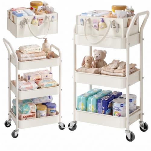 3 Tier Baby Diaper Caddy Cart with Removable Dividers and Wheels,Off-White | Metal Bedside Rolling Storage Cart on Wheels, Postpartum Organizer Cart for Baby Boy Essentials, Nursery, Newborn Must Haves