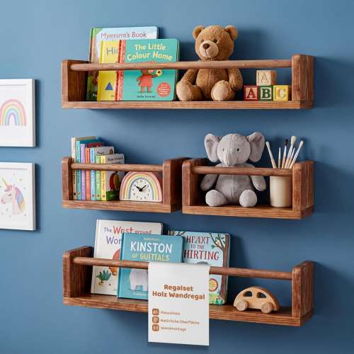 Wooden wall shelf set – 4-piece set for children's room shelves – wall-mounted bookshelf for baby's room – floating shelves made of solid