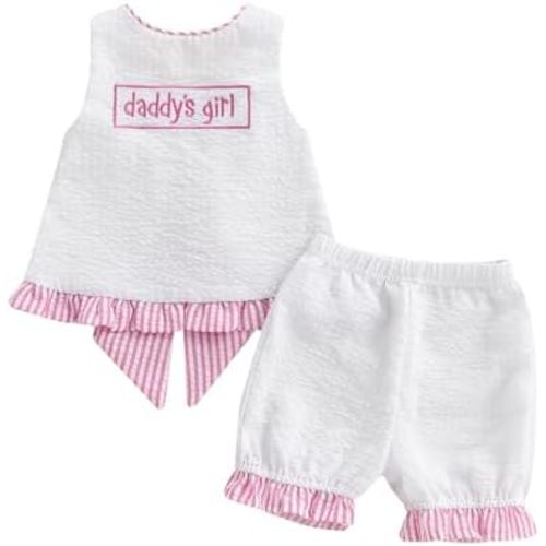 Toddler Girl Summer Outfit Letters Embroidery Cross Back Pinafore Top and Shorts Kids Striped Seersucker Clothes Set