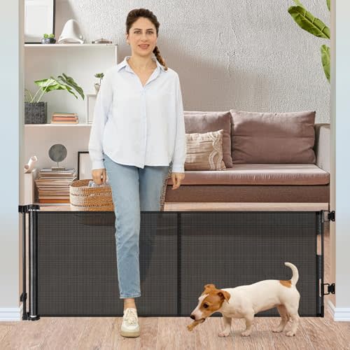 24 Inches Tall Retractable Baby Gates for Doorways, Short Dog Gates to Step Over, Extends up to 55" Wide, Reinforced Mesh Baby Gate for Kids or Pets, Doggie Gates Puppy Gates for The House (Black)