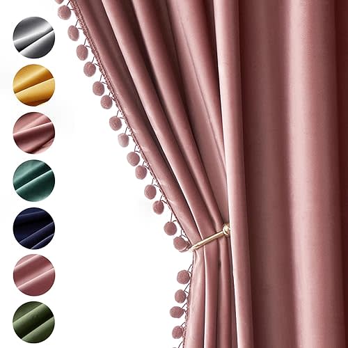 MIULEE Dry Rose Pink Pom Pom Velvet Curtains for Bedroom/Living Room Darkening Thermal Insulating 96 Inches Long Blackout Curtains with Rod Pocket for Girls Room/Nursery/Home Theater Set of 2